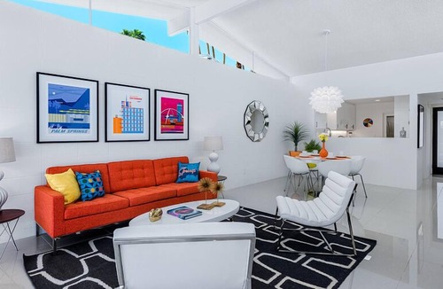 Canyon View Estates Condo | Pretty in Pink! Midcentury! One Level! Private Patio! 2 King Beds! Pool! Spa!