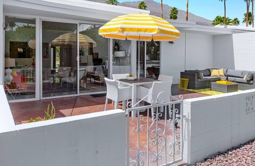 Canyon View Estates Condo | Pretty in Pink! Midcentury! One Level! Private Patio! 2 King Beds! Pool! Spa!