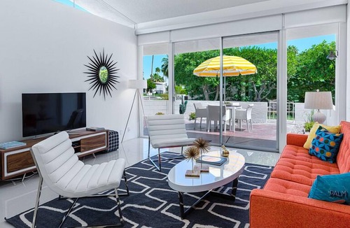 Canyon View Estates Condo | Pretty in Pink! Midcentury! One Level! Private Patio! 2 King Beds! Pool! Spa!